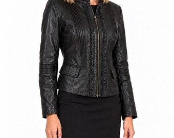 Veste boléro femme noire en cuir véritable MENTHE + Taille 4