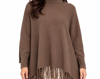 Poncho pull-over à manches longues pour femme, couleur taupe marron, 100 % laine.