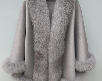 Women's Brand New Gray Cashmere Wool Wrap Cape Fox Fur Grey CLEARANCE SALE
