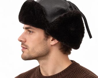 Chapeau trappeur aviateur unisexe en cuir marron avec fourrure d'agneau noire - SUPERBE