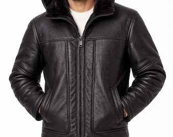 Veste en cuir d'agneau noir à capuche, neuve, taille XL pour homme.