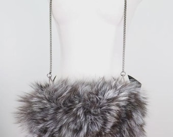 Women's New Silver Fox Fur Purse Crossbody Hand Muff