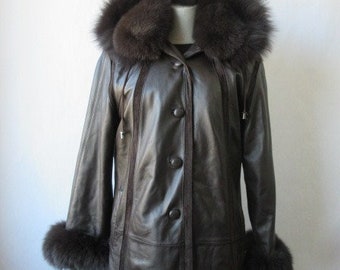 Femme Sz 8 Brown Leather Jacket Manteau HOOD Fox Fur Col Poignets SUPERBE