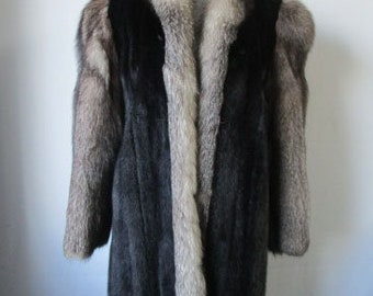 Women's Sz 6 Black Mink Fur Coat with Silver Fox Fur Collar EXCELLENT