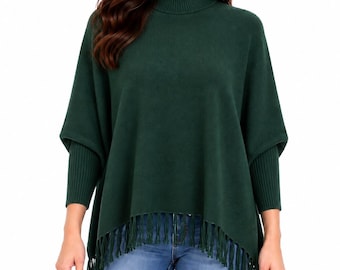 Poncho pull en laine 100 % verte pour femme, avec manches.