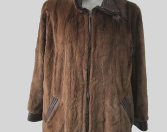 Women's Sz 10 Sheared Mink Fur Coat Jacket with Brown Fox Fur & Leather