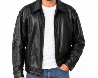 Blouson homme noir en cuir véritable, menthe, taille 44/46