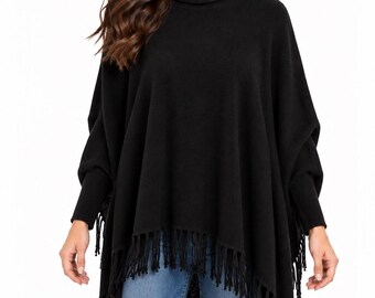 Poncho pull en laine noire 100 % pour femme, avec manches.