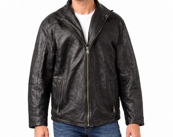 Blouson Homme Noir En Cuir Véritable, Manteaux, Vente D'échantillons Taille L / TG