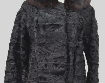 Women's Sz 8 Black Persian Lamb with Mink Fur Coat Jacket Woman