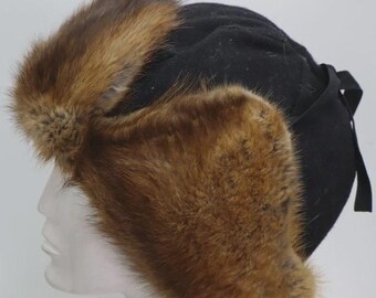 Men's Sz 23.5" Black Hat with Muskrat Fur Hat Men Mint Man