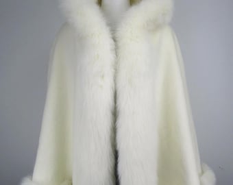 Women's New Ivory White Cashmere Wool Wrap Cape Fox Fur Hood CLEARANCE SALE