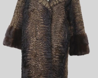 Women's Sz M 10 Brown Swakara with Mink Fur Coat Jacket MINT+ Woman