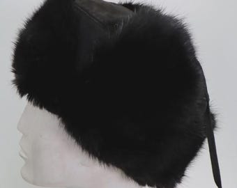 Men's Sz 23.5" Black Muskrat Fur Hat with Suede Men Mint Man