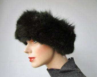 Mint Brown / Gray Opossum Fur & Fabric Hat Cap Women Woman  display picture 1