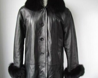 Women's Sz 10 Black Leather Jacket Coat Fox Fur Trim SUPERB