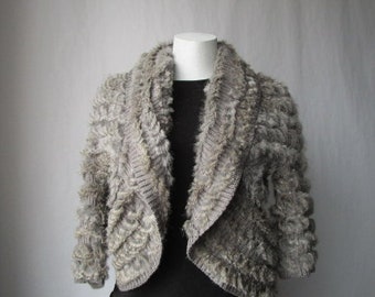 Women's Sz S Gray Knitted Bolero Jacket with Rabbit Fur Trims MINT+