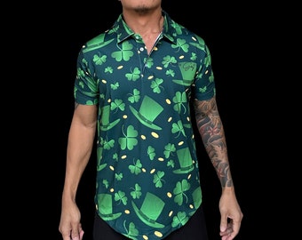 Mens St Pattys Patricks Day Irish Clover Golf Polo.
