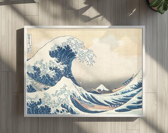Framed Wave Art Print, Hokusai Japanese Ocean Decor, Blue Minimalist Wall Art