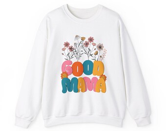 Good Mama フローラル クルーネック スウェットシャツ、心地よい母の日ギフト、春のファッション、ユニセックス カジュアルウェア、フラワープリント スウェットシャツ、ソフト プルオーバー