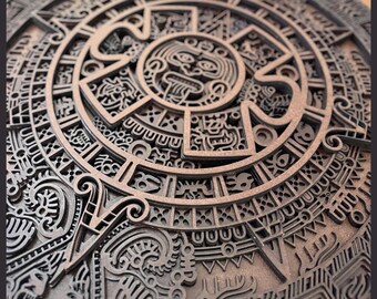 Laser Cut Aztec Calendar Mandala, Rustic Wood Wall Art, 19 Inch Round Boho Decor, Layered Wooden Sculpture, Southwestern Home Accent