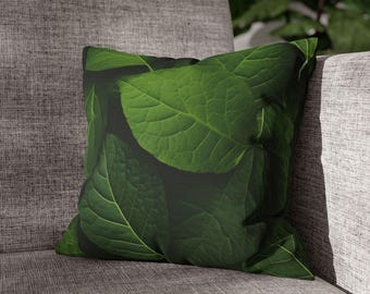 Green Leaf Pillow, Cotton Cushion Cover 18x18 Botanical Decor