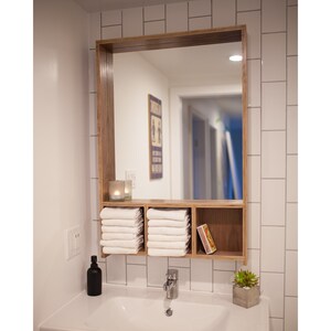 Bathroom Wall Mirror - Modern Walnut Vanity Mirror with Storage