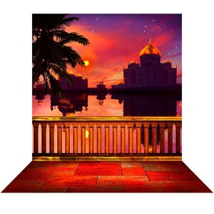 Cenário de pôr do sol oriental árabe para cenário de Aladdin ou Ali Baba, palco, evento, local ou ocasião fotográfica