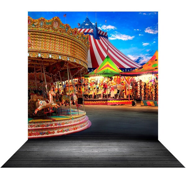 Amusement Park Midway Backdrop with a Big Top, Carousel for Carnivals, Circus, the County Fair, A Party Carousel Photo Booth Backdrop