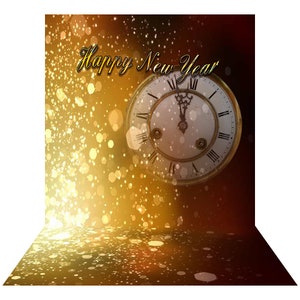 May include: A gold and brown background with a vintage clock face that reads 'Happy New Year'. The clock is set to midnight with the hands pointing at 12. The background is filled with sparkling gold lights.