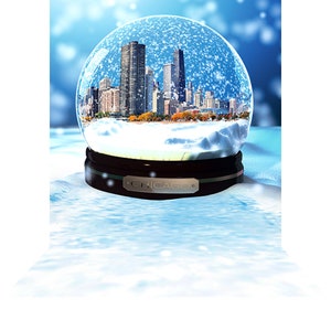 Sfondo fotografico per feste con globo di neve di Chicago, festa invernale personalizzata, celebrazione della città ventosa, sfondo fotografico di Natale