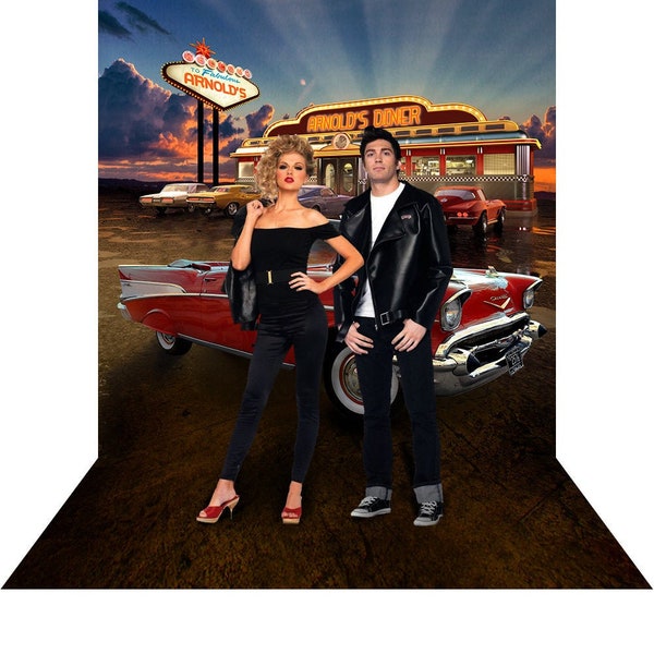 50s Diner Backdrop, Grease, Happy Days, Riverdale Theme, Sockhop, 57 Red Chevy, Prom, Dance Party Photo Booth prop, Photo Backdrop