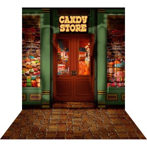 May include: A green storefront with a sign that reads 