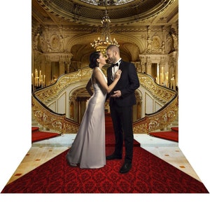 Red Carpet Double Staircase Backdrop, A Royal Castle Interior Backdrop of Palace Chandeliers and Red Carpets, a Party Decor Photo Backdrop
