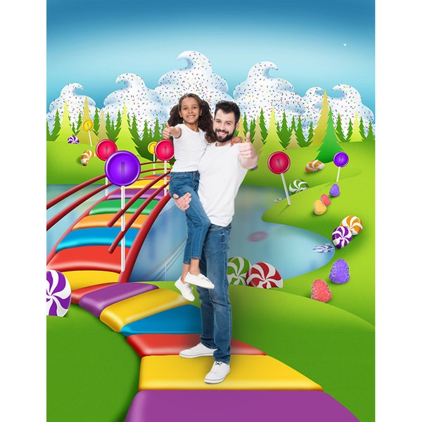 Candy Land Party Decor, Backdrops for Game Night with Ice Cream and Candy Bridge, Great Birthday Party Decor - A Photography Backdrop