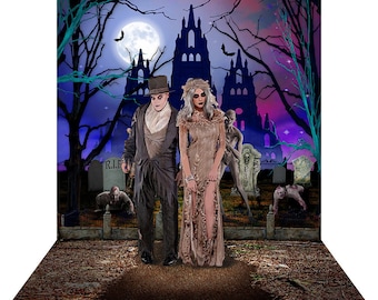 Halloween Party Banner, Horror Zombie Bats Photography Backdrop Thriller Ghosts Haunted Graveyard Cemetery by Alba Backgrounds