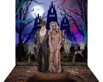 Haunted Castle Halloween Backdrop, Zombie Fabric Background