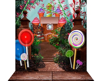 Tło fotograficzne z fabryki czekolady, dekoracja imprezy Candy Land