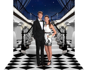 Black Tie Event Backdrop, Ball Party Decor with Marble Floor, Photo Backdrop for Formal Galas, Dances, Parties, Proms, and Events