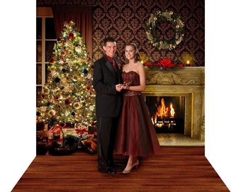 Christmas Tree Holiday Backdrop, Home for the Holidays, Hearth & Christmas Tree Photo Backdrop