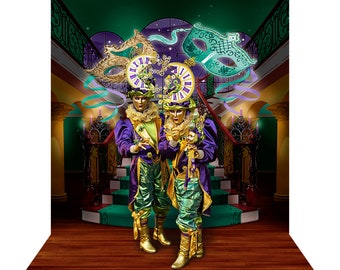 Mardi Gras Photo Backdrop, Masquerade Ball, New Orleans, Purple, Green, Gold, Photo Background of Bourbon Street