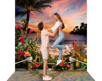 Tropical Beach Backdrop, Hawaiian floral scenery, sunset ocean view, destination wedding, luau party, beach birthday, Hawaii themed event