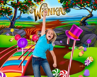 ウォンカ キャンディランド 背景、チョコレートファクトリー 誕生日パーティー 写真背景、ウンパルンパ、楽しいパーティー装飾写真小道具、ダンス、イベント、会場