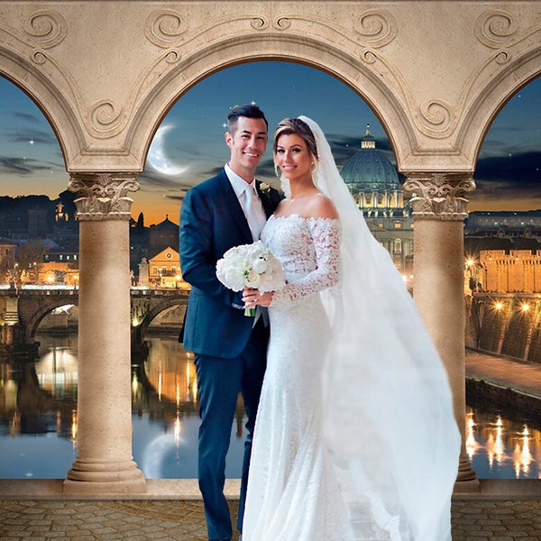 Rome with Arch Backdrop, Photo Arch, Destination Wedding, Italy, Roman Pillars, Reflection Photo Backdrop