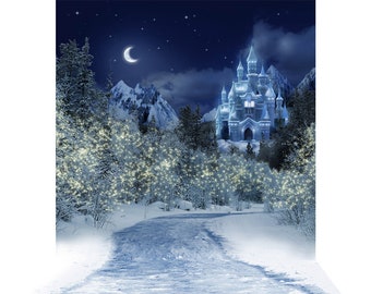 Winter Castle Christmas Backdrop with Snow & Lights, a Holiday Backdrop for Winter Decorations - Photo Backdrop by AlbaBackgrounds