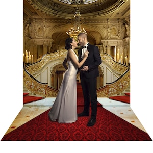 Red Carpet Wedding Backdrop, Double Staircase, Royal Wedding, Gold Wedding Decoration, Castle Backdrop, Palace, Chandeliers, Photo Backdrop