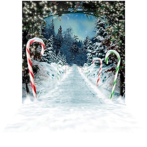 Snow Peppermint Lane Christmas Backdrop, A Candy Cane Backdrop for NYE - A Christmas Decoration for Your Holiday Event