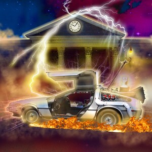 May include: A silver DeLorean time machine with the doors open, driving through a fiery portal. The car is in front of a building with a clock tower and lightning strikes in the background.