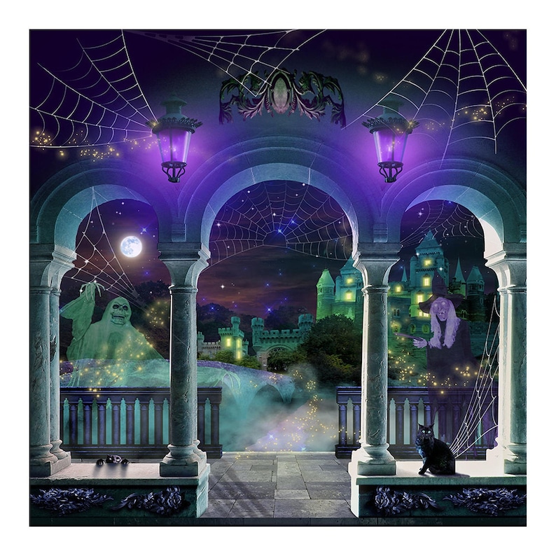 A square-cropped Halloween backdrop displaying stone arches, glowing purple lanterns, spiderwebs, a distant green castle, and spooky characters.