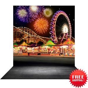 Carnival Fireworks Photo Backdrop, Roller Coaster & Ferris Wheel on Midway, Circus, County Fair Photo Booth Prop by Alba Backgrounds